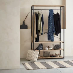 Mobile d'ingresso in metallo e legno con barra di sospensione, 3 livelli