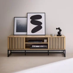 Mobile TV a 2 ante in legno scanalato e metallo nero, 120cm