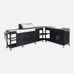 Modulo cucina da esterno con barbecue a 4 bruciatori, fuoco laterale, lavello e porta utensili