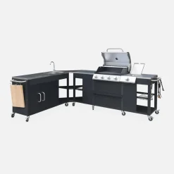Modulo cucina da esterno con barbecue a 4 bruciatori, fuoco laterale, lavello e porta utensili