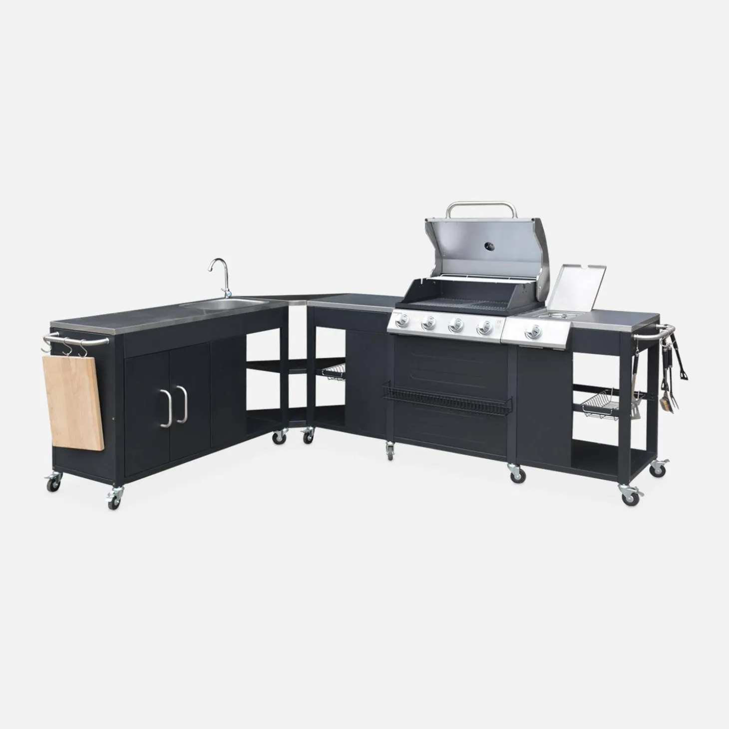 Modulo cucina da esterno con barbecue a 4 bruciatori, fuoco laterale, lavello e porta utensili