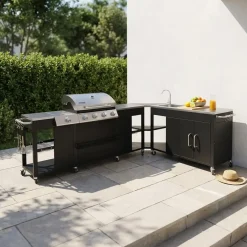 Modulo cucina da esterno con barbecue a 4 bruciatori, fuoco laterale, lavello e porta utensili