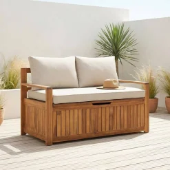 Panca cassapanca da giardino in legno di acacia con cuscino, 110L