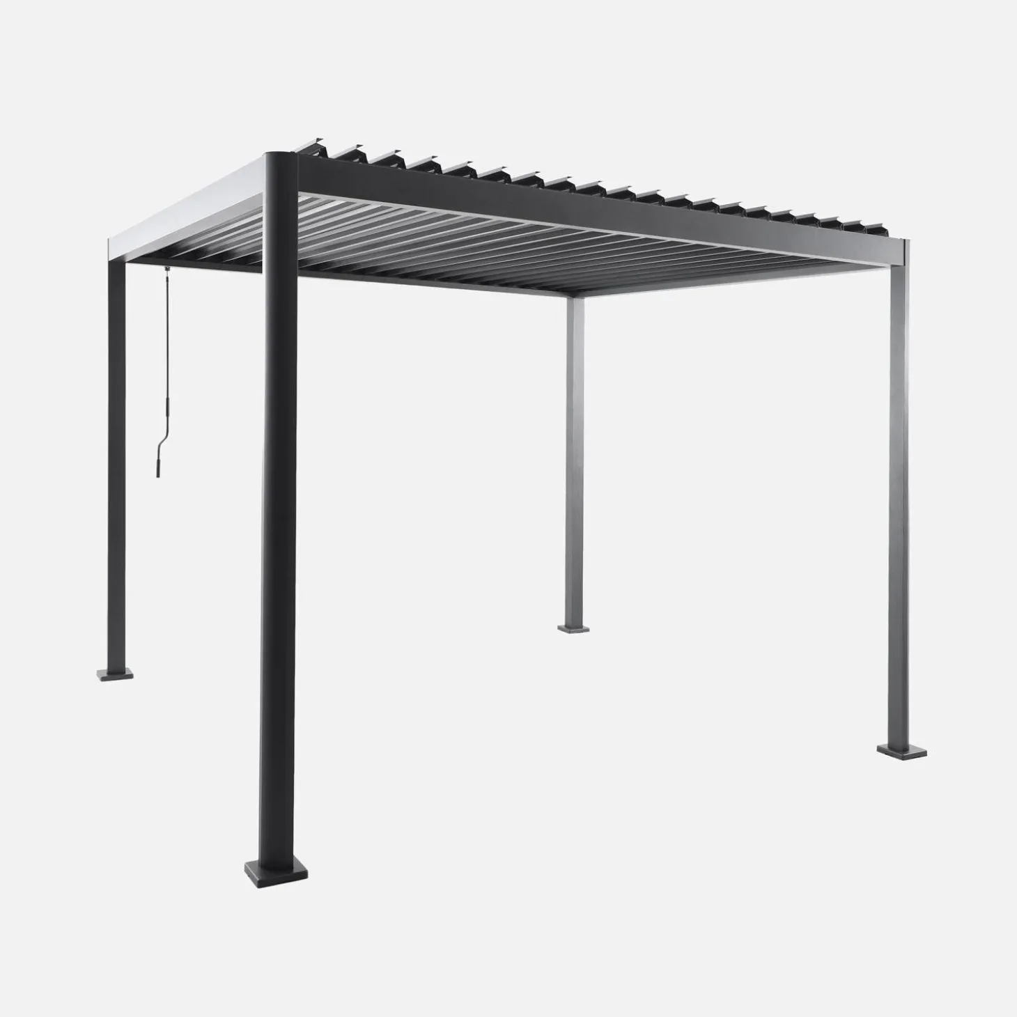 Pergola bioclimatica 3x3 con piedini arrotondati in alluminio e acciaio e lamelle orientabili
