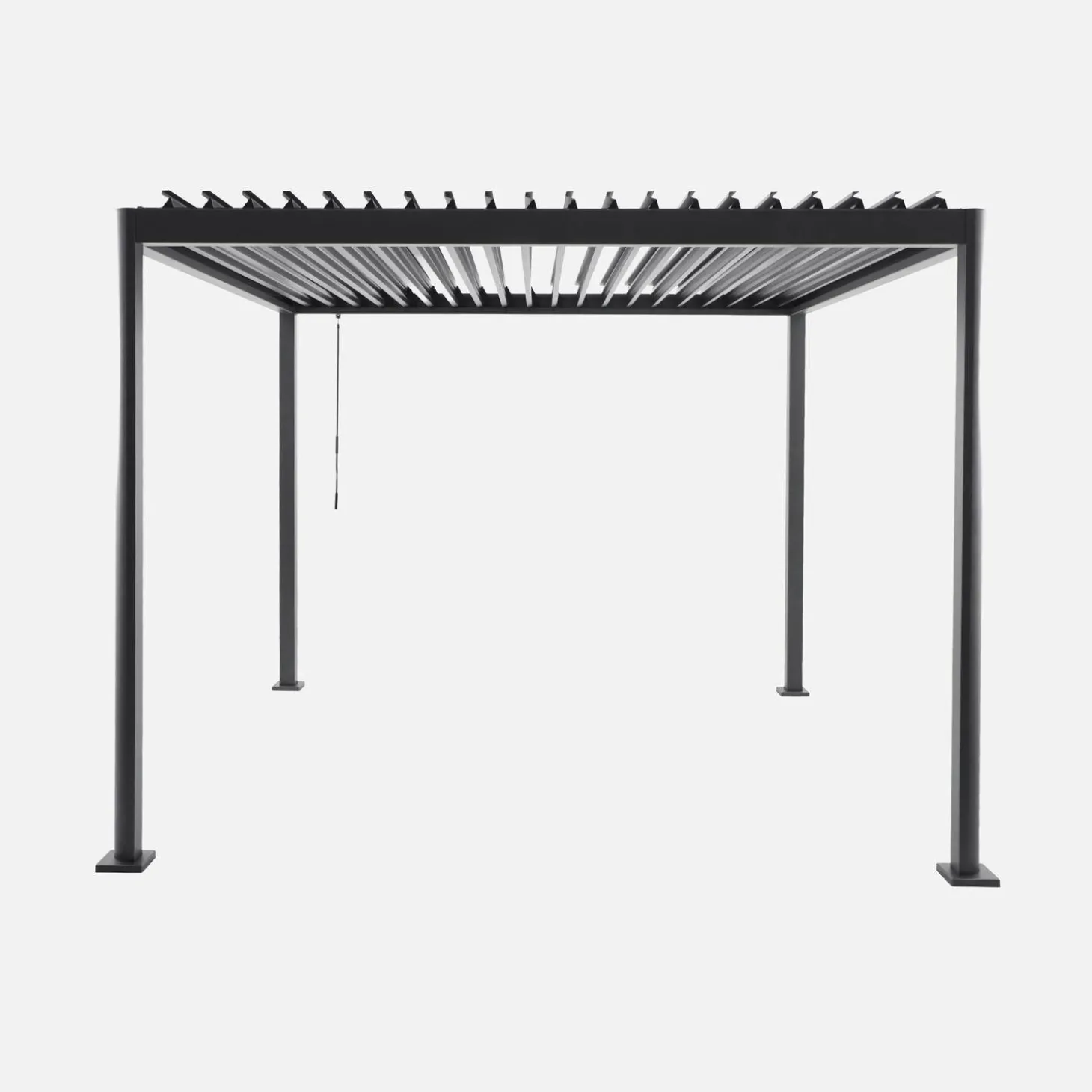 Pergola bioclimatica 3x3 con piedini arrotondati in alluminio e acciaio e lamelle orientabili