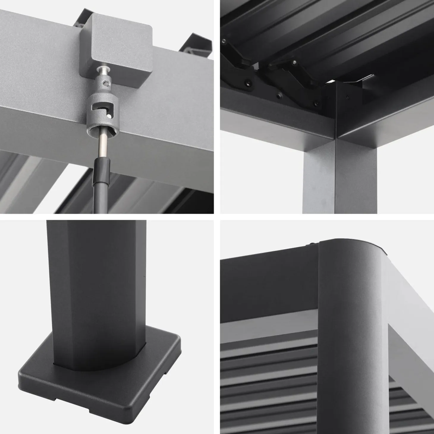 Pergola bioclimatica 3x3 con piedini arrotondati in alluminio e acciaio e lamelle orientabili