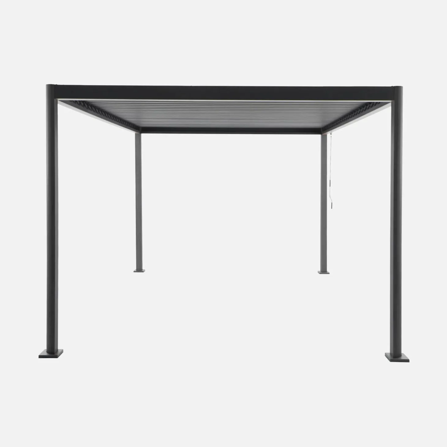 Pergola bioclimatica 3x3m con piedini arrotondati in alluminio e acciaio e lamelle orientabili