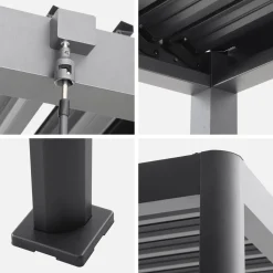 Pergola bioclimatica 3x3m con piedini arrotondati in alluminio e acciaio e lamelle orientabili