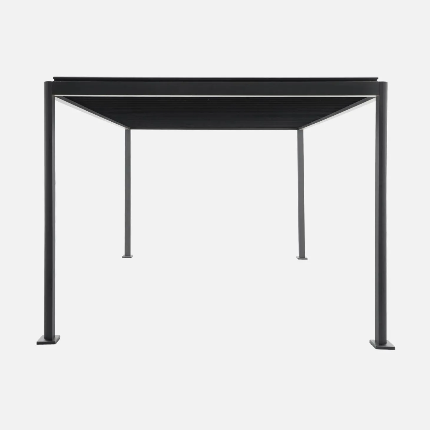 Pergola bioclimatica 3x3m con piedini arrotondati in alluminio e acciaio e lamelle orientabili