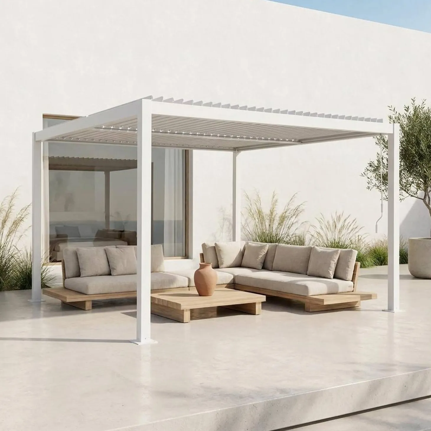 Pergola bioclimatica 3.6x3.6m in alluminio e acciaio con lamelle orientabili