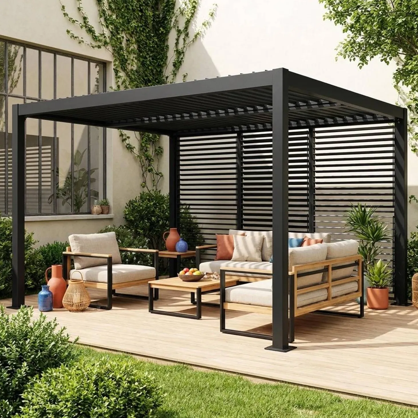 Pergola bioclimatica 3x4m in alluminio e acciaio + 3 persiane 1.3m con lamelle orientabili