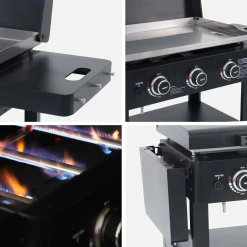 Piastra plancha a gas a 3 bruciatori con carrello e utensili