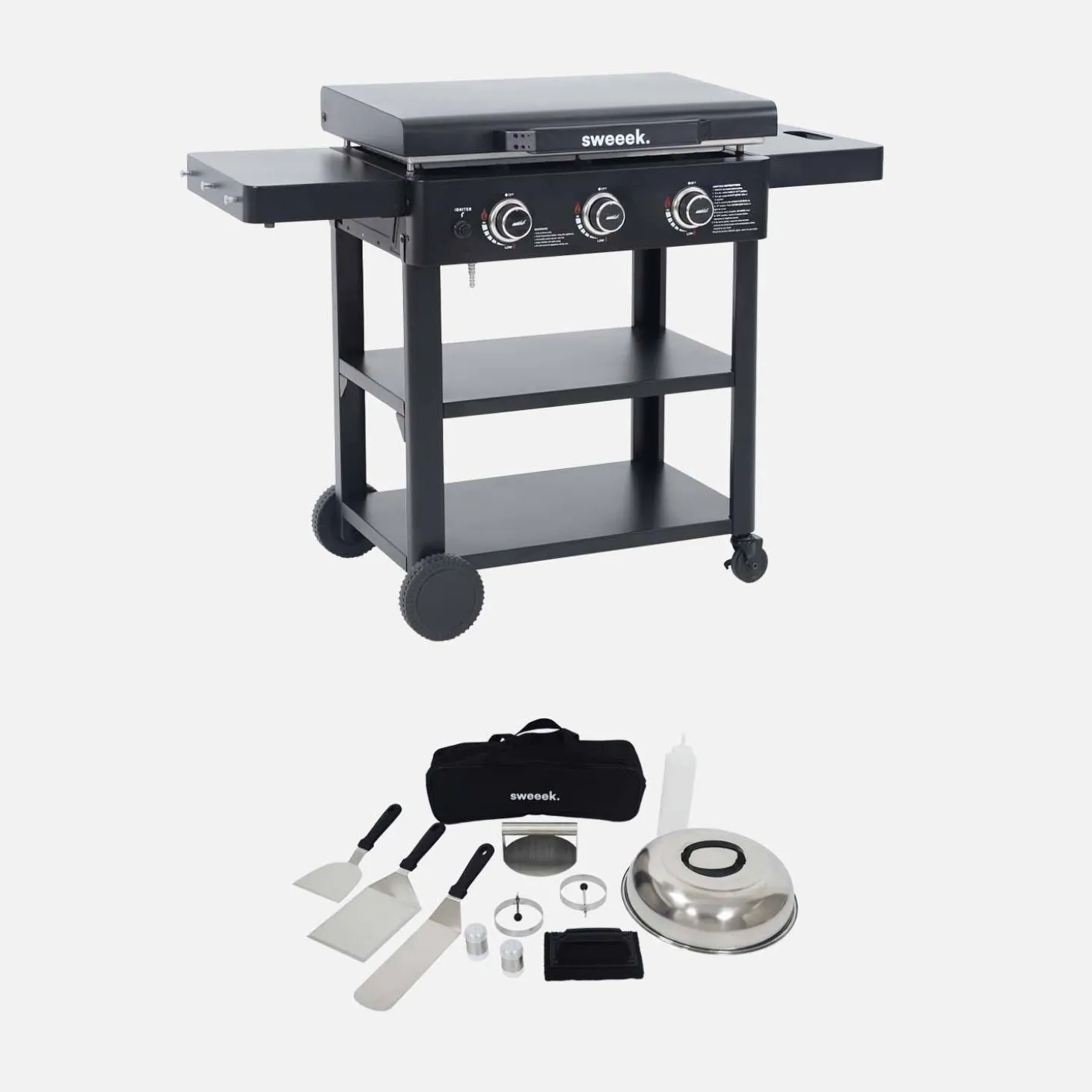 Piastra plancha a gas a 3 bruciatori con carrello e utensili