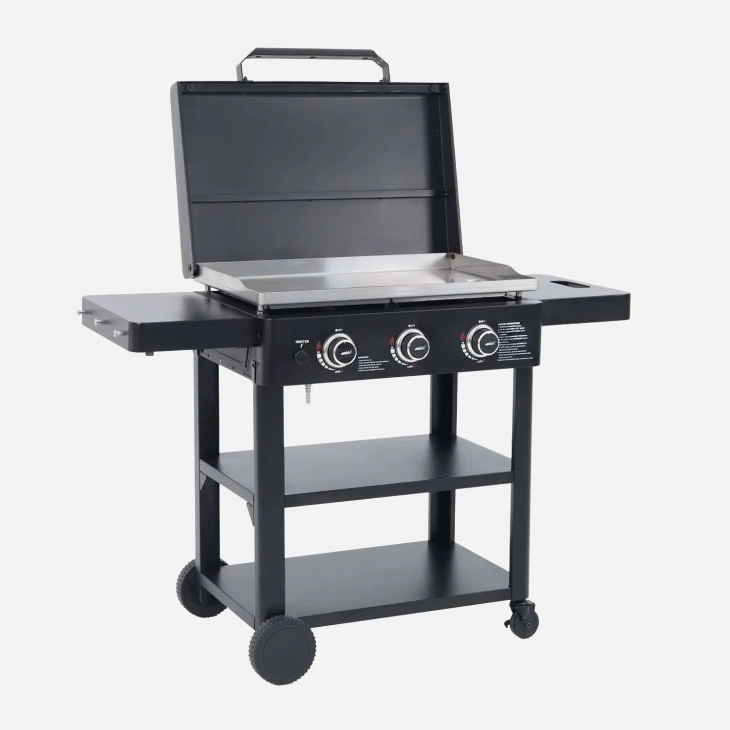 Piastra plancha a gas a 3 bruciatori con carrello e utensili