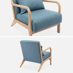 Poltrona scandinava in legno e tessuto con braccioli