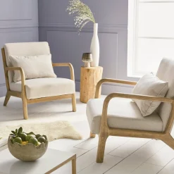 Poltrona scandinava in legno e tessuto con braccioli