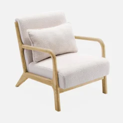 Poltrona scandinava in legno e tessuto bouclé