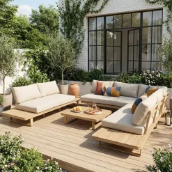 Salotto da giardino angolare in legno di acacia e alluminio, 7 posti