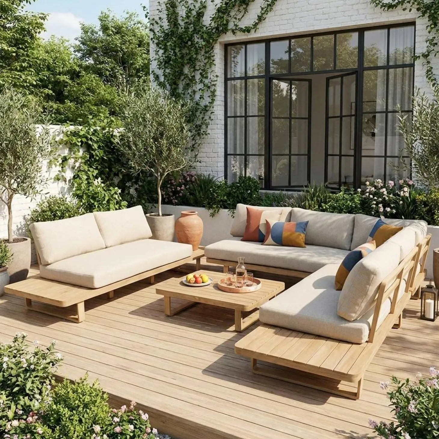 Salotto da giardino angolare in legno di acacia e alluminio, 7 posti