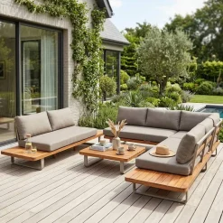 Salotto da giardino angolare in legno di acacia e alluminio, 7 posti