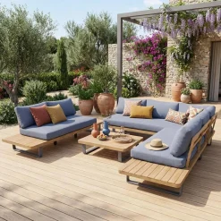 Salotto da giardino angolare in legno di acacia e alluminio, 7 posti