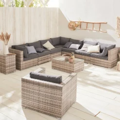 Salotto da giardino angolare in resina intrecciata, 8-10 posti