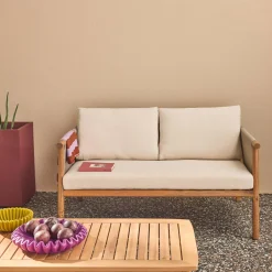 Salotto da giardino in legno di acacia e tessuto beige, 4 posti