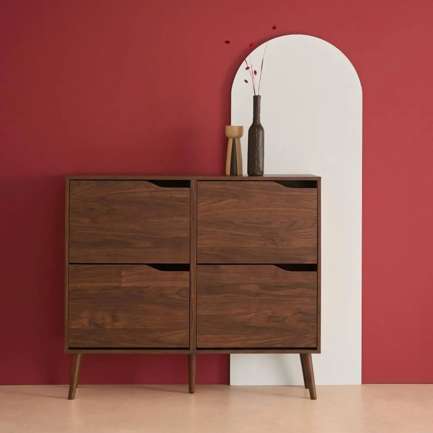 Scarpiera con decoro effetto legno, 4 ante