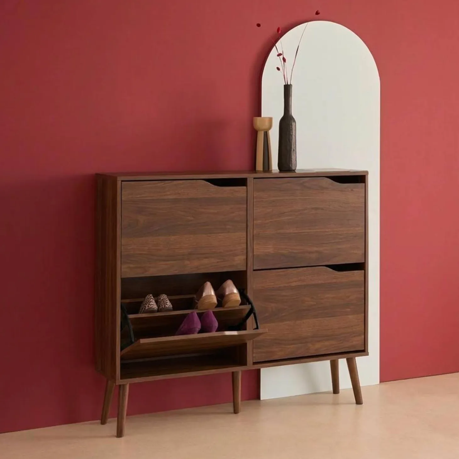 Scarpiera con decoro effetto legno, 4 ante