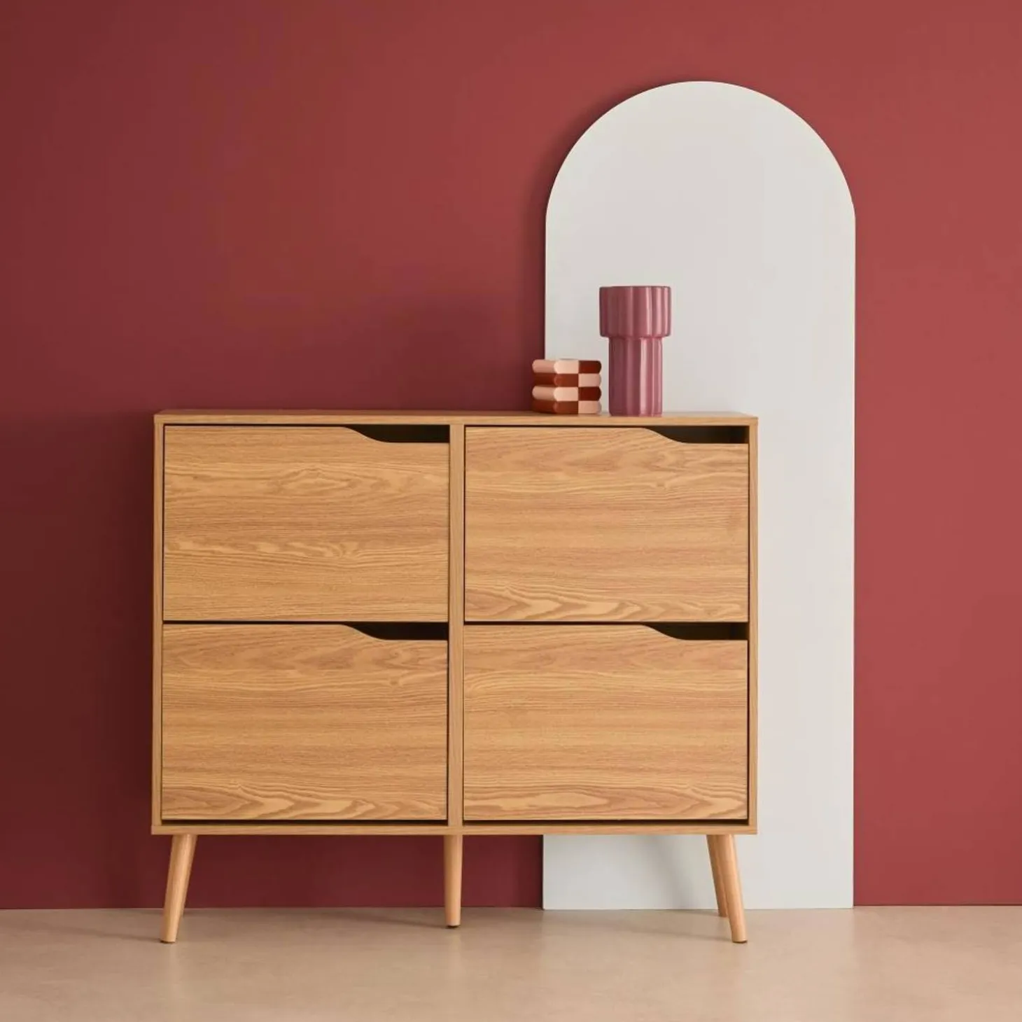 Scarpiera con decoro effetto legno, 4 ante