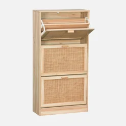 Scarpiera con decoro in canna e legno, 3 ante