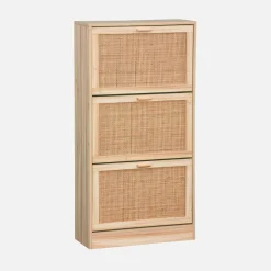 Scarpiera con decoro in canna e legno, 3 ante