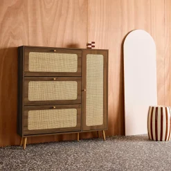 Scarpiera con decoro in legno e canna, 3 ante