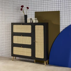 Scarpiera con decoro in legno e canna, 3 ante