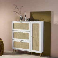 Scarpiera con decoro in legno e canna, 3 ante