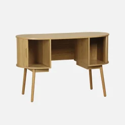 Scrivania ovale con effetto legno scanalato e due vani portaoggetti, 120cm