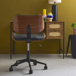 Sedia da ufficio con rotelle, effetto legno curvato e similpelle