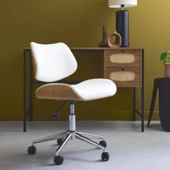 Sedia da ufficio con rotelle, effetto legno curvato e similpelle