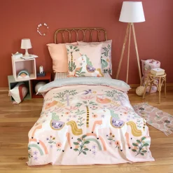 Set biancheria da letto in cotone reversibile stampata unicorno/ballerina, 140cm