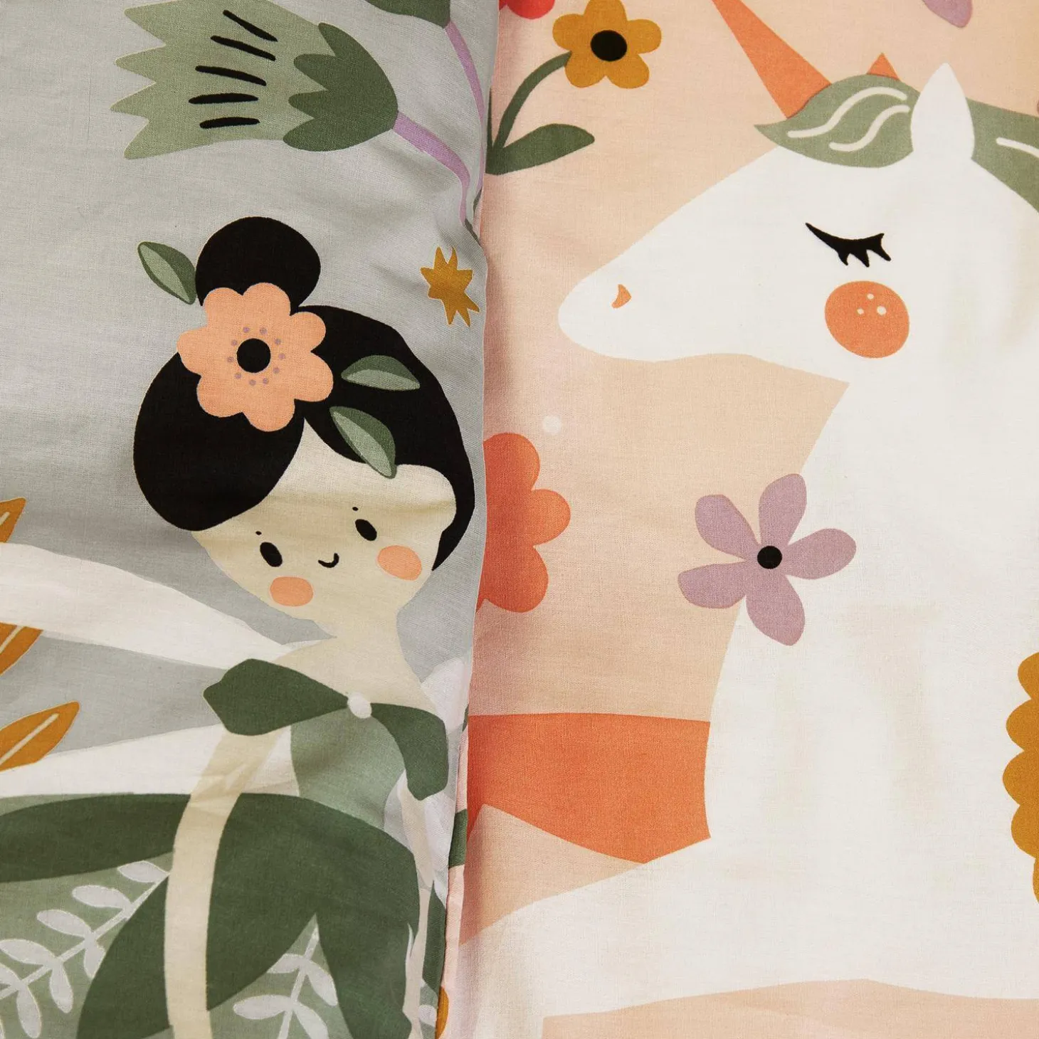 Set biancheria da letto in cotone reversibile stampata unicorno/ballerina, 140cm