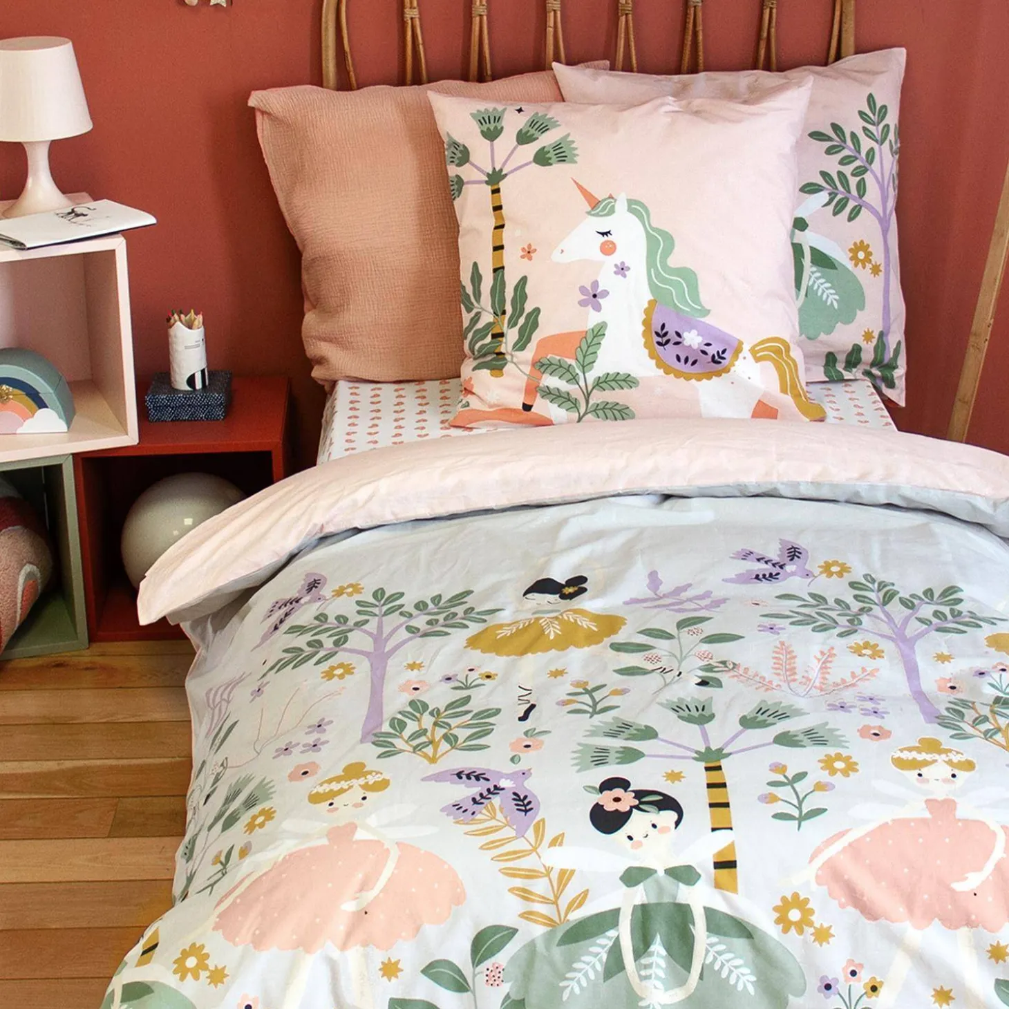 Set biancheria da letto in cotone reversibile stampata unicorno/ballerina, 140cm