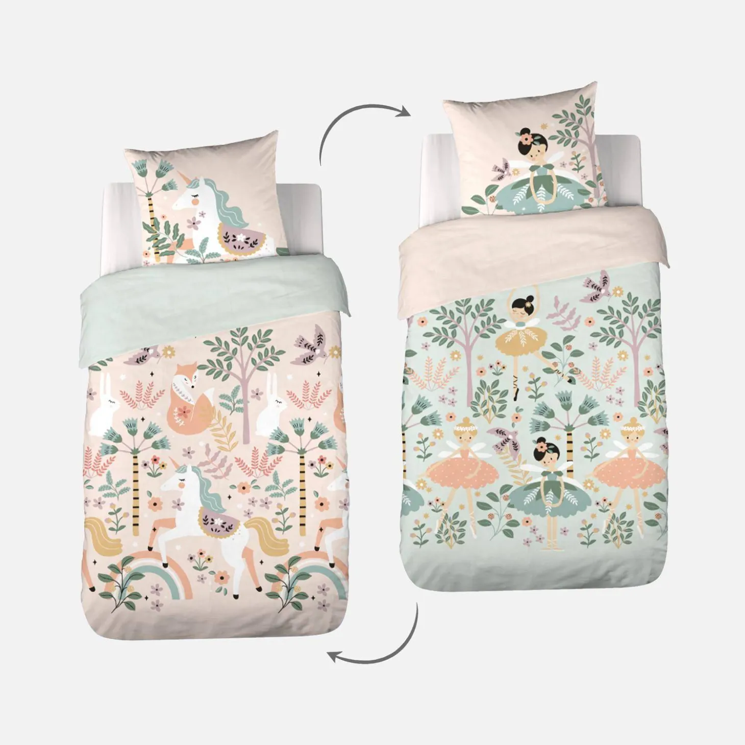 Set biancheria da letto in cotone reversibile stampata unicorno/ballerina, 140cm