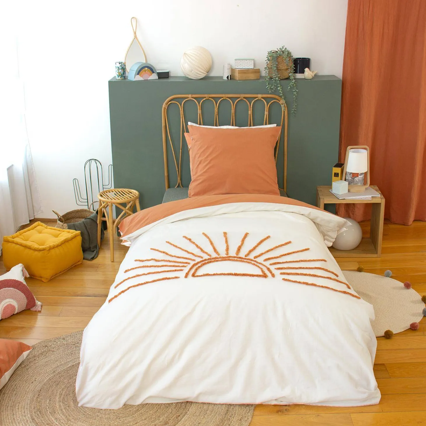 Set biancheria da letto in cotone reversibile stampato sole bianco/terracotta, 140 cm