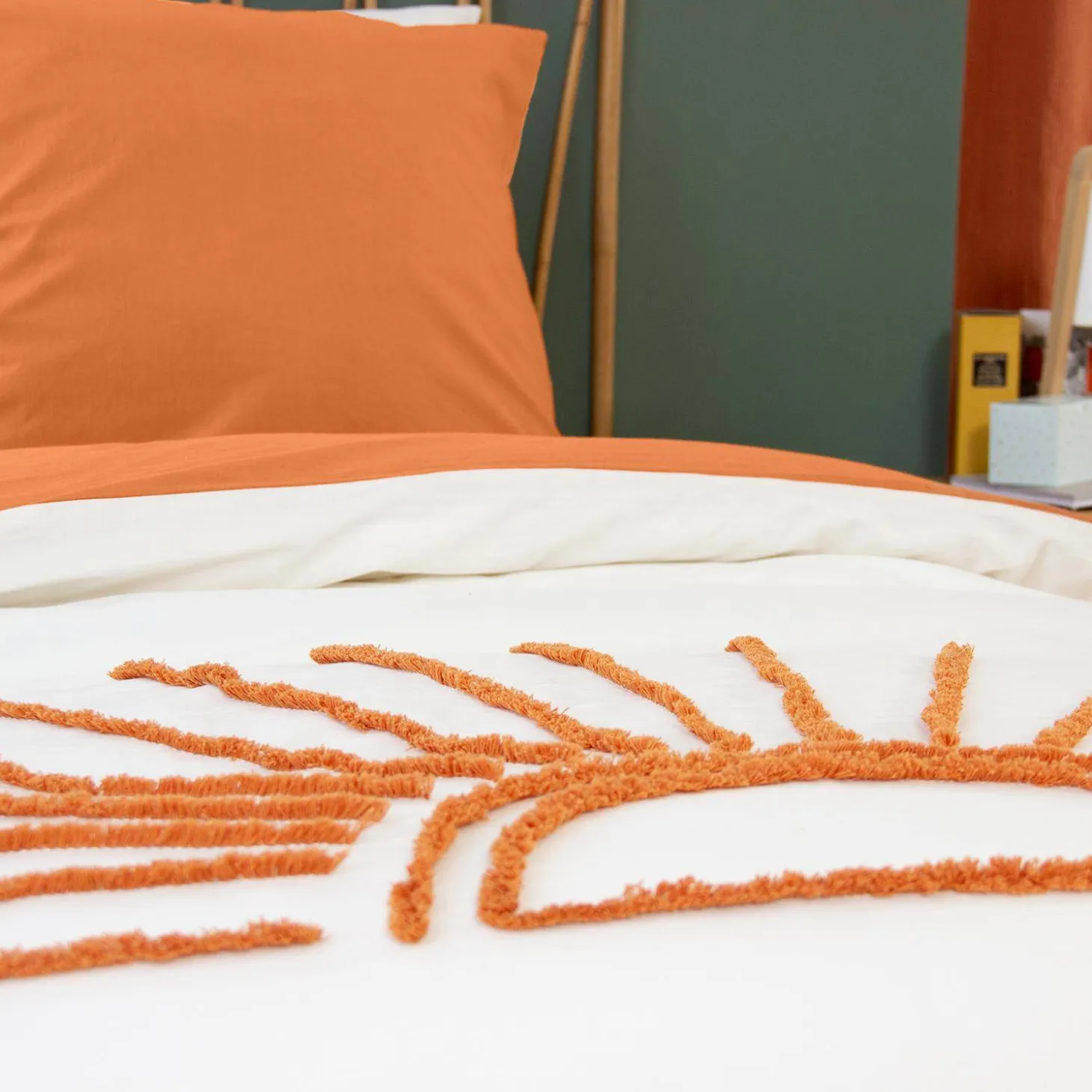 Set biancheria da letto in cotone reversibile stampato sole bianco/terracotta, 140 cm