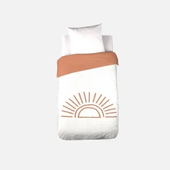 Set biancheria da letto in cotone reversibile stampato sole bianco/terracotta, 140 cm