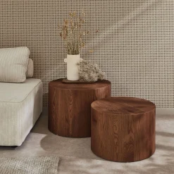 Set di 2 tavolini rotondi impilabili effetto quercia
