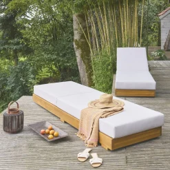 Set 2 lettini prendisole in acacia e poliestere multiposizione con ruote