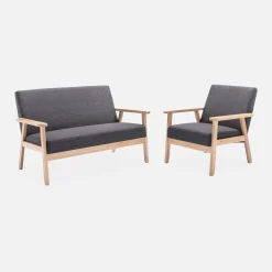 Set panca e poltrona in legno e tessuto, 3 posti