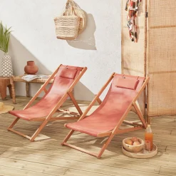 Set 2 sedie sdraio in legno con cuscino poggiatesta