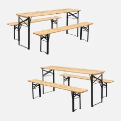 Set 2 tavoli da giardino pieghevoli in legno con 2 panche